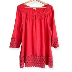 Charter Club 100% Linen Coral Crochet Lace Trimmed 3/4 Sleeve Tunic Women's 1X